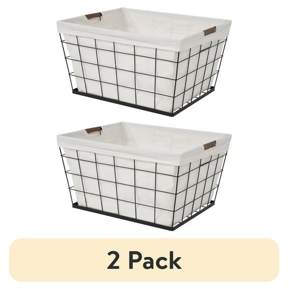 (2 pack) Better Homes & Gardens 60L Rectangular Steel Laundry Basket, Black & Natural, Adult