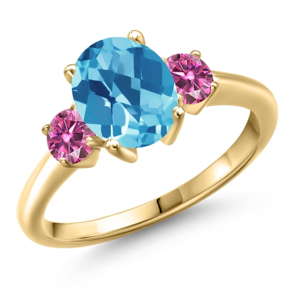 Gem Stone King 10K Yellow Gold Swiss Blue Topaz and Pink Moissanite Engagement Ring for Women | 2.71 Cttw | Oval Checkerboard 9X7MM | Gemstone November Birthstone | Size 7