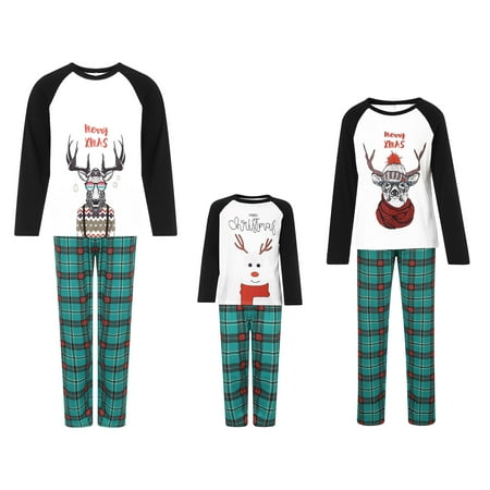

Amuver Christmas Pjs Family Christmas Pyjamas Set Cartoon Elk Print Round Neck Long Sleeve Tops Plaid Pajamas Trousers for Kids Adults