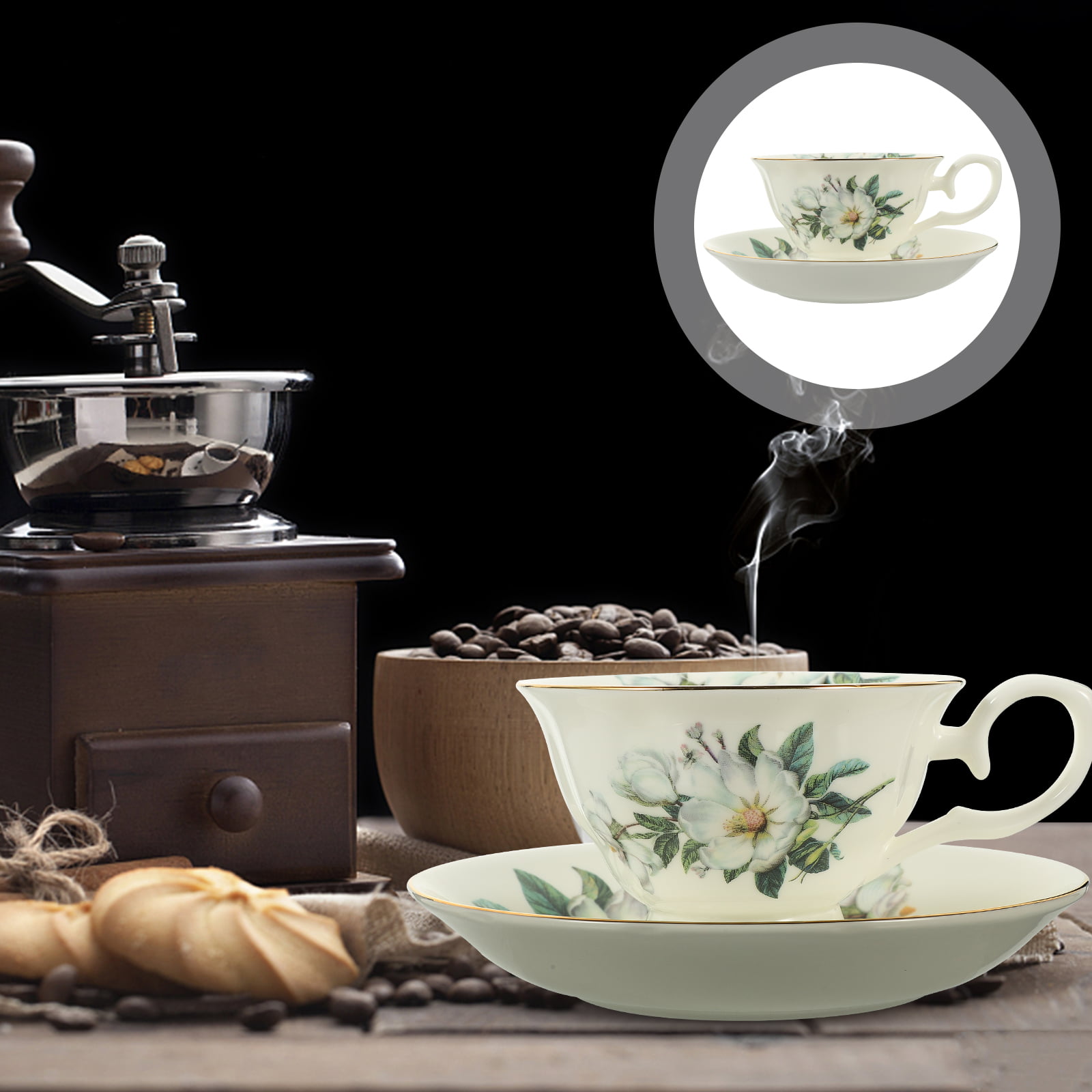 Yedi YCC732, 24 Oz White & Gold Coffee Mug, Vintage Porcelain Coffee Set,  Elegant Ceramic Teacups, Embossed Collection Mugs, Set of 4