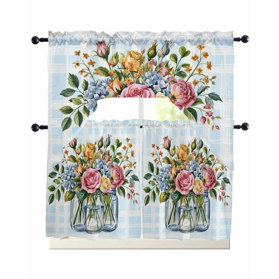 Pink Spring Floral Kitchen Curtains Sets 36 Inch Length with Valance, Blue Plaid Farmhouse Watercolor Flowers Swag Valances and Tiers Curtain Set Drapes Swag Curtains for Living Room, Bathroom