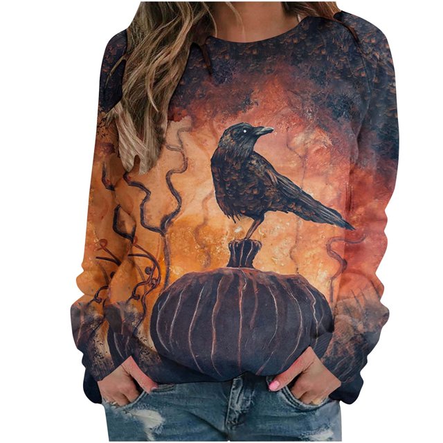 Ichuanyi Liquidación de mujeres Halloween Halloween impresa en manga larga Sweater informal de cuello redondo ICHUANYI WER202308182307