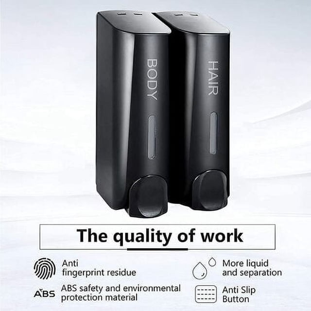 Distribuidor de jabón para gel de ducha, champú, après-shampooing, soporte mural ABS negro (2 x 350 ml)