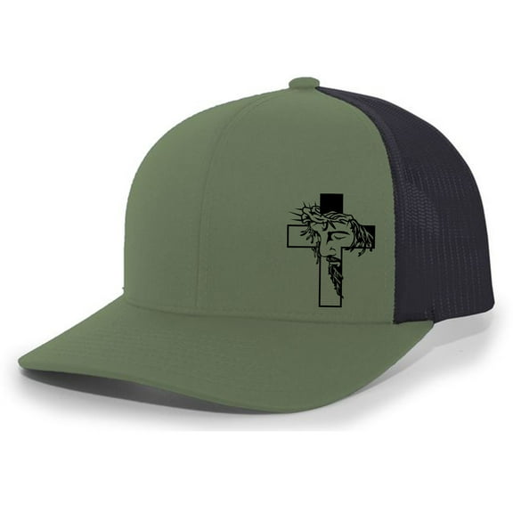 Jesus Cross Crown of Thorns Christian Men's Mesh Back Trucker Hat Baseball Cap, Loden/Black