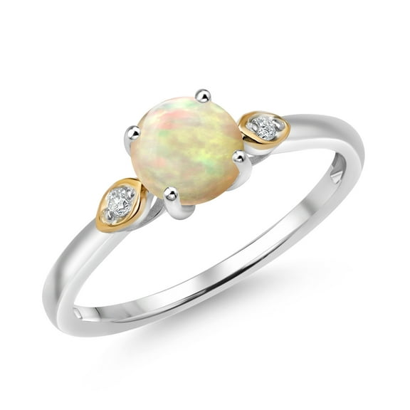 Gem Stone King 925 Silver and 10K Yellow Gold White Ethiopian Opal and Lab Grown Diamond 3-Stone Engagement Ring for Women (0.59 Cttw, Round Cabochon 6MM, Gemstone October Birthstone, Size 5)