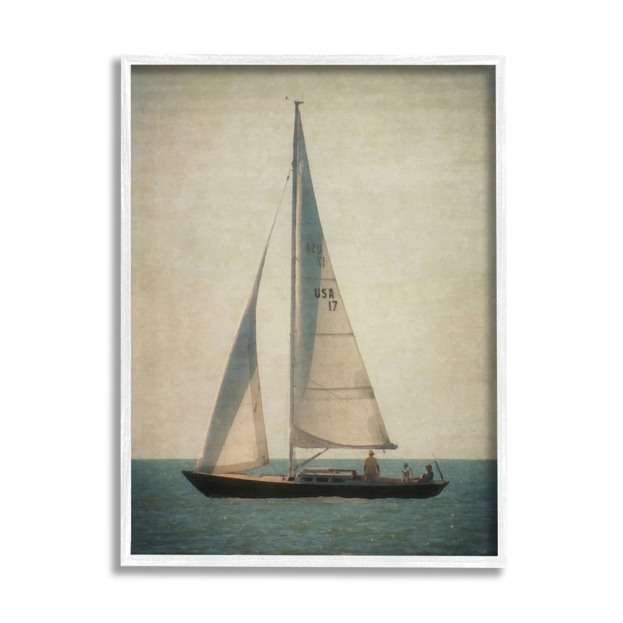 Stupell Industries Lone Sailboat People Relaxing Quiet Ocean Landscape Painting White Framed Art Print Wall Art, Design by Graffitee Studios