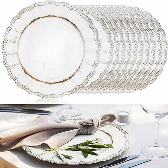 18 Pcs Valentines Antique Charger Plates 13'' Retro Dinner Round Bead Rim Heavyweight Embossed Plastic Disposable Plate for Wedding Bridal Anniversary Easter First Communion Birthday(White)