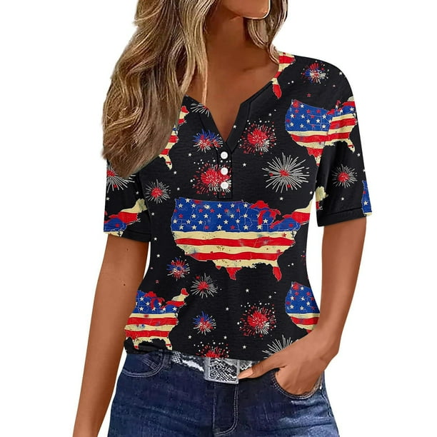 Tops de Verano de las Mujeres, Día Independiente Informal Impreso Botón de Suéter de Manga Corta Cuello en V para Ocasional Y Fiesta