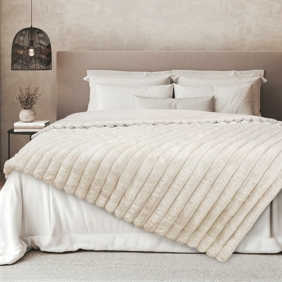 Regal Living Luxury Reversible Textured Stripe Faux Fur & Velvet Throw, Taupe, 50" x 70"