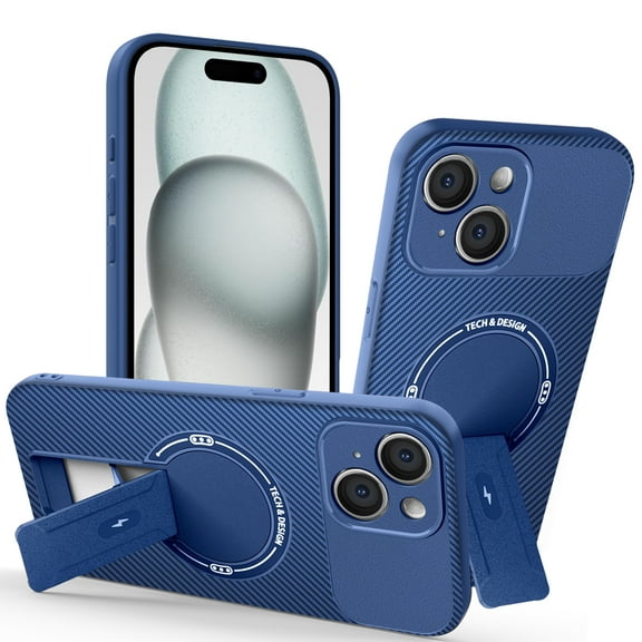 Magnetic Case Compatible for iPhone 15, [Built-in Invisible Kickstand] [Support Wireless Charging] [Military Grade Shockproof] Heavy Duty Rugged Phone Case for iPhone 15, Blue