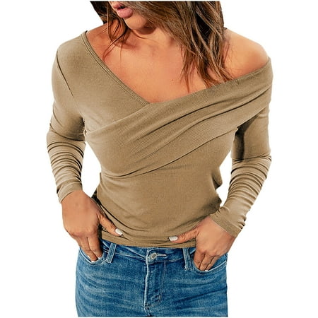 

Women s Fashion Autumn Winter Solid Color Long Sleeve Pocket Pullover V-Neck Off Shoulder Long Sleeve Tops bustier tops for women referee shirt Brown XL