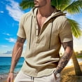 thumbnail image 2 of ZQUUVOU Men's Hooded Shirt Henley Solid Color Cotton Linen Short Sleeve Button Pocket Shirts (Khaki,S), 2 of 9