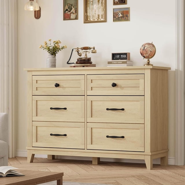 Commode 6 Tiroirs pour Chambre, Commode à Tiroirs de 47 Po de Large avec Rangement Autoportante, Coffre de Rangement en Bois pour Garde-Robe pour Salon, Chambre, Entrée, Chêne Naturel