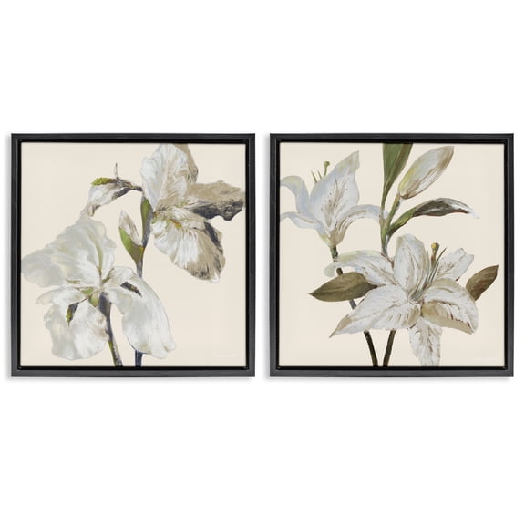 Stupell Industries Irises and Lilies Soft Beige 2 Piece Black Framed Floater Canvas Set, design by Lanie Loreth