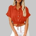 thumbnail image 2 of Ecqkame Womens Lightweight Tops Short Sleeve Linen Cotton Turndown Collar Shirts Solid Color Button Down Casual Blouses with Pocket 04-Orange S, 2 of 6