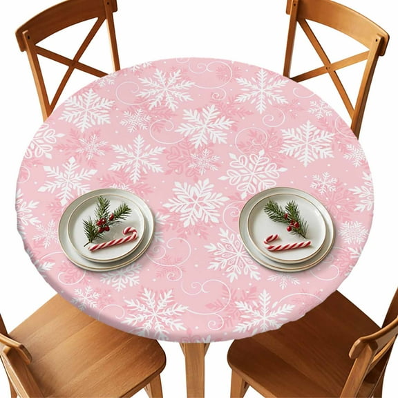 Round Tablecloth Pink Christmas Snowflakes Elastic Edge Fitted White Winter Snow Plastic Table Cover,Waterproof Oil Proof for Dinner,Outdoor, Picnic, 45"- 54" DIA Tables