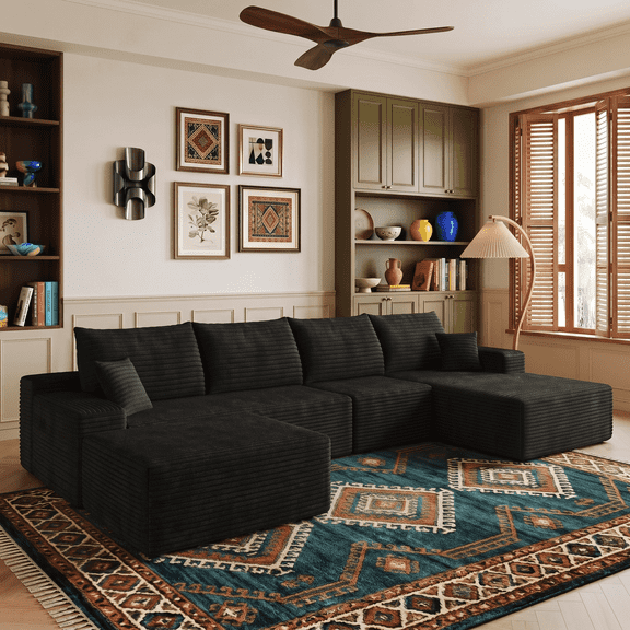 Eyisean 135" Corduroy U-Shaped Modular Sectional Sofa, Fluffy Plush Upholstered Boneless Couch with Chaise & Ottoman, Comfy Sectional Couches with Deep Seat, No Assembly Required for Living Room
