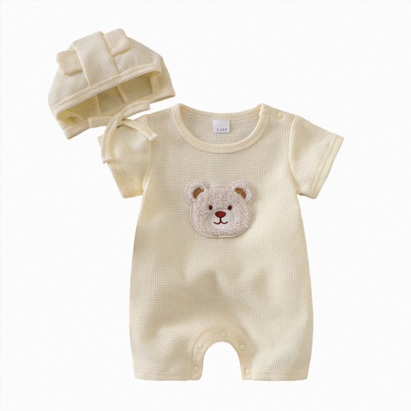 KPOPLK Newborn Baby Boy Romper Summer Clothes with Baby Hat Cartoon Print Boy Embroidery Jumpsuit Bodysuit Waffle Round Neck Onesie 3 6 12 18 Months(3-6 Months,White)