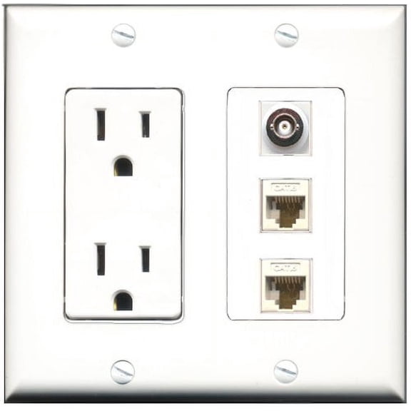 RiteAV - 15 Amp Power Outlet 1 Port BNC 2 Port Cat6 Ethernet Ethernet White Decorative Wall Plate
