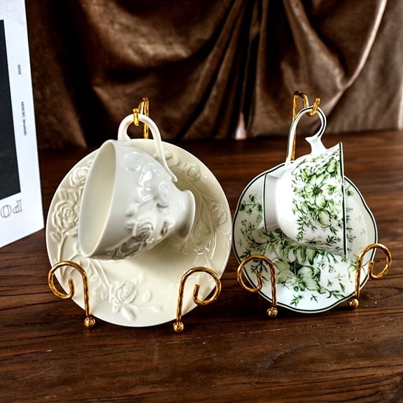 1pc Vintage Teacup Display Stand, Golden Metal Coffee Cup And Saucer Rack, Decorative Kitchen Restaurant Cafe Holder for Cup & Plate
