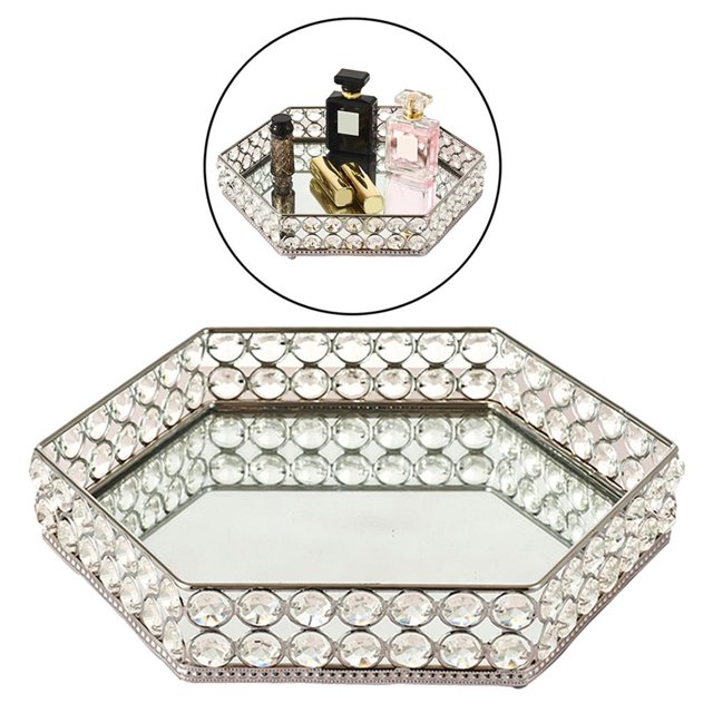 Bandeja de tocador de cristal con espejo, bandeja decorativa para perfumes, joyas y maquillaje (hexagonal, 11 pulgadas, plateado) perfecl 1pc bandejas decorativas
