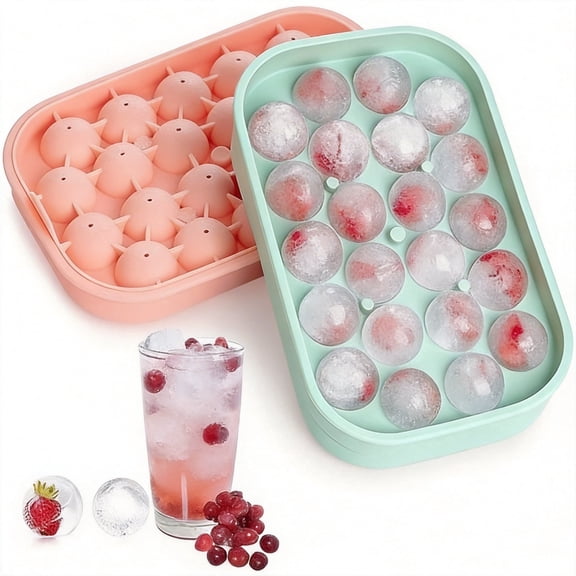 2-Pack Round Ice Cube Trays with Lid - 22 Cavity Flexible Silicone Ice Ball Maker - BPA Free Easy-Release Sphere Molds for Whiskey, Cocktails & Coffee (Mint Green and Pink)