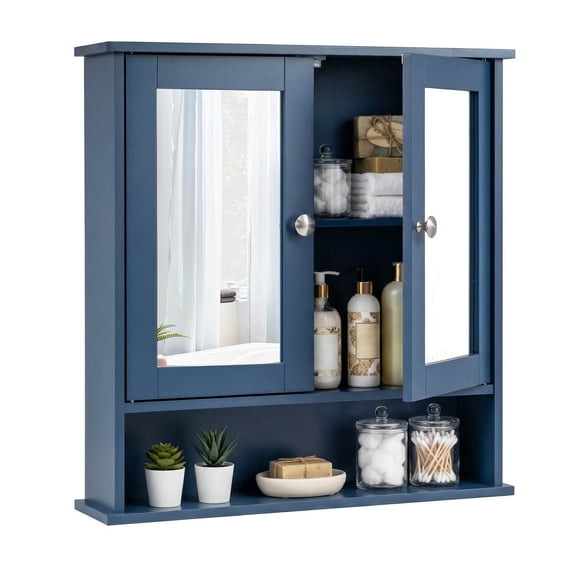 Costway Wall Mount Mirror Cabinet, Medicine Cabinet Organizer for Bathroom, Blue