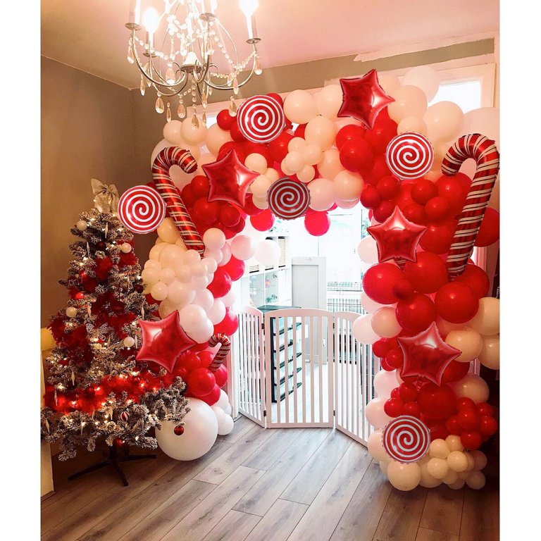 147 Piece Christmas Balloon Garland Kit - Red, Pink, White, Silver With Candy Canes, For Parties, Baby Showers