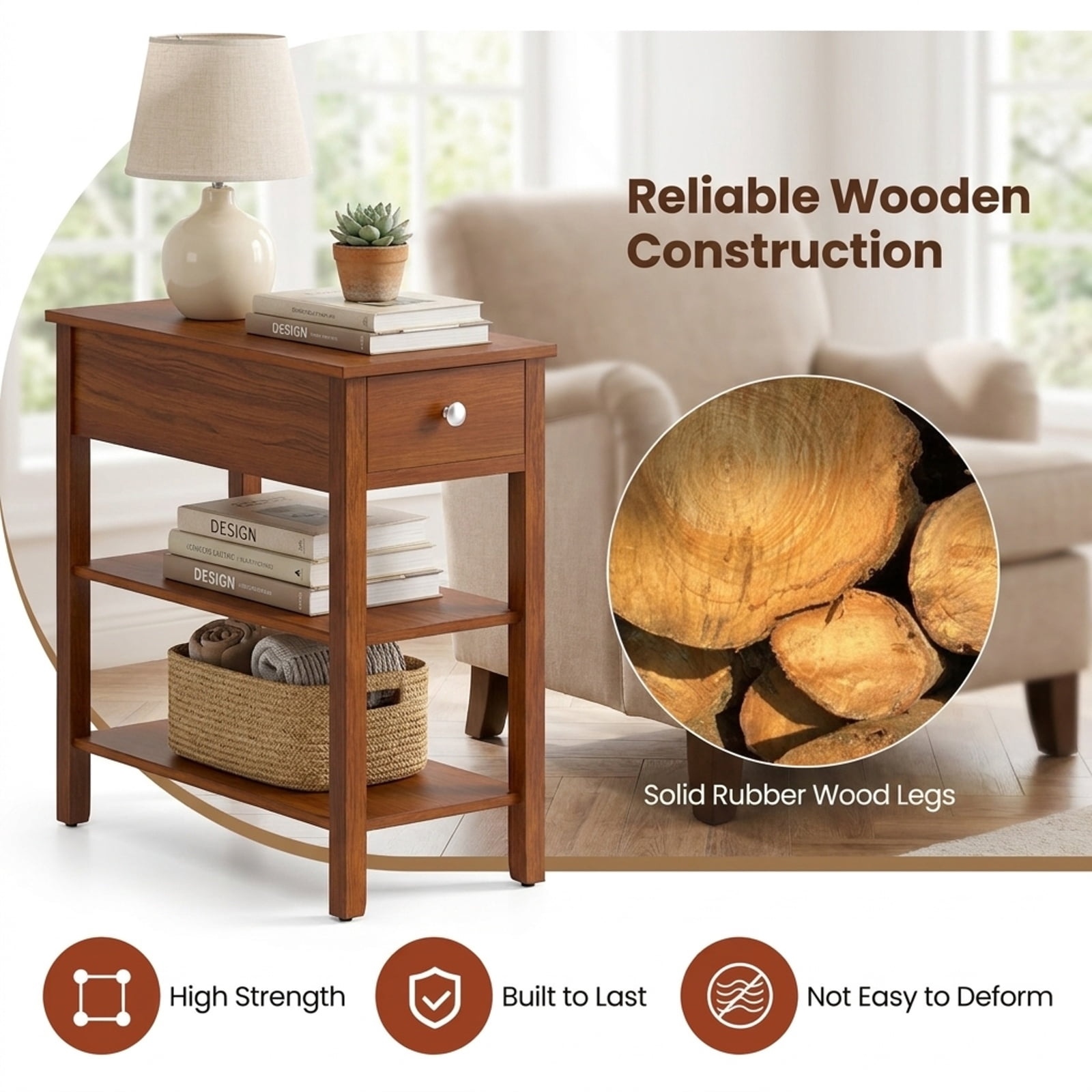Furnibear 3 Tier Narrow End Table Set of 2 with Pull Out Drawer and Open Storage Shelves and Rubber Wood Legs for Living Room, Brown