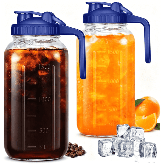 2-Piece Glass Beverage Pitcher with Blue Lid & Handle, Leakproof Water Carafe with Scale, Iced Tea & Juice Pitcher for Fridge, Kitchen(Blue)