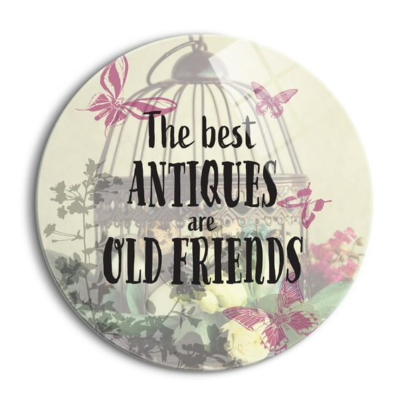 Best Antiques Friends Green Floral Cage 24 inch Glass Round Wall Hanging Sign