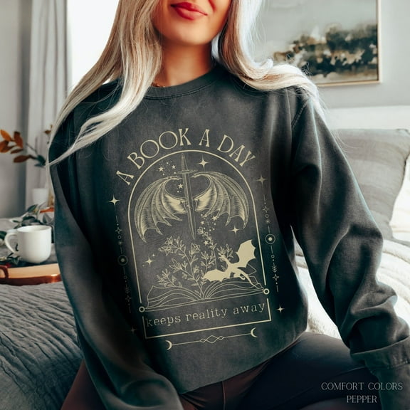 Velto A Book a Day Dragon Sweater, Bookish , Book Club Shirt, Fantasy Book Merch , Gift for Reader, Book LoverSweatshirt Full Size S-5XL