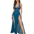 thumbnail image 3 of ValueVibe Lingerie for Women Lace Halter Neck Long Lingerie Sets High Slit Mesh Nighty Chemise Nightdress, Blue 2XL, 3 of 5