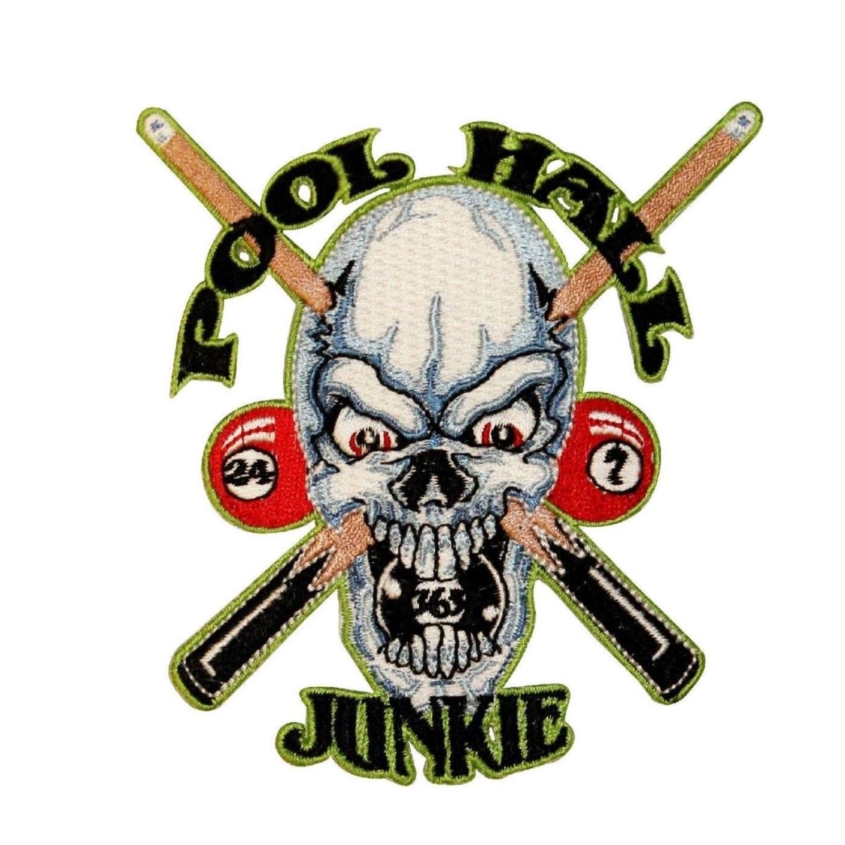 Pool Hall Junkie Skull Patch Billiards Sticks Face Embroidered Iron On