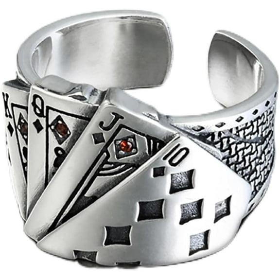 Playing Card Chunky Cubic Zirconia Engraved Adjustable Sterling Silver Ring For Men Vintage Jewelry