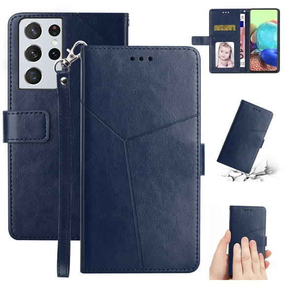 SaniMore PU Leather Wallet Case for Samsung Galaxy S24 Ultra, Shockproof Buffer Wrist Strap[Romoveable] Kickstand Card Slots Cash Pocket Anti-scratch Full-protective Shell, Blue