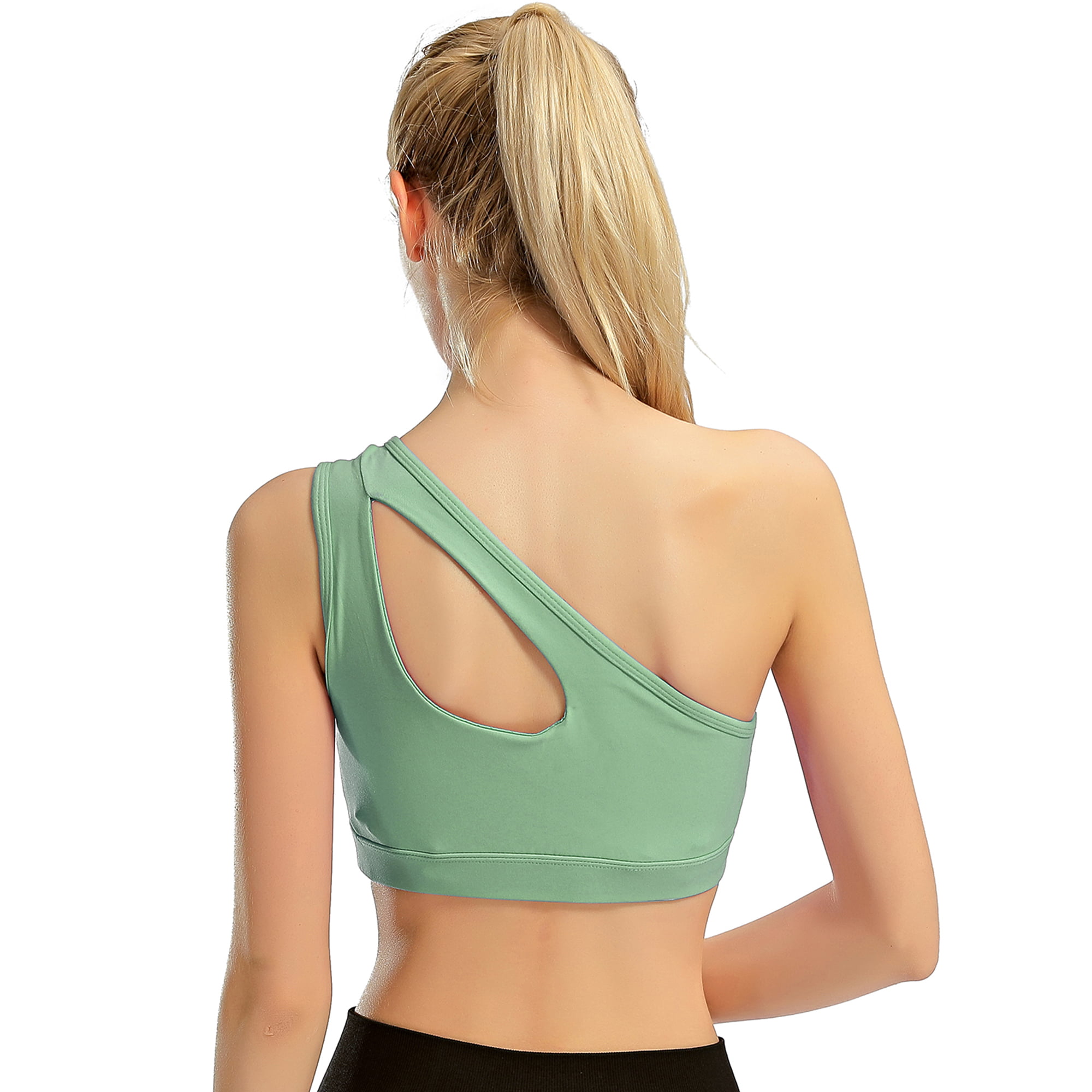 Elbourn Womens Workout Tops One Shoulder Sports Bra Removable Padded Yoga  Bra Post-Surgery Wirefree Sexy Cute Workout Top Medium Support 3 Pack 