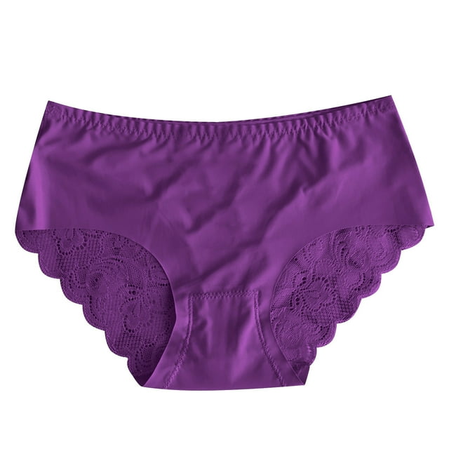 gibobby calzones de encaje para mujer ropa interior interior sin de patchwork de encaje de seda de hielo para mujer(morado,talla única) Vista frontal plana de calzón morado talla única con cuerpo de poliéster de acabado sedoso, cintura elástica, panel reforzado en la entrepierna y paneles de encaje floral en los costados con borde festoneado. A menudo se usa también como lencería para dormir.
