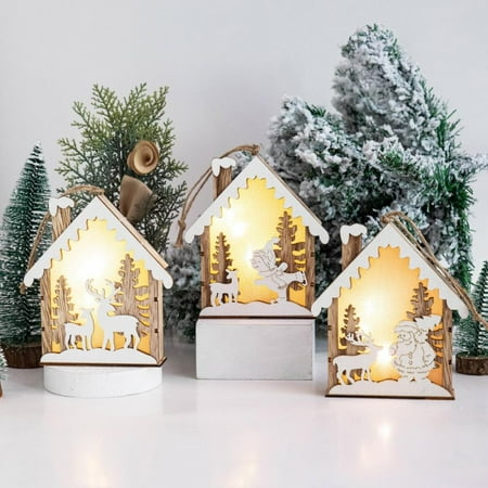 

3 Pcs Christmas Snow View Wooden House Pendant Christmas Tree Decoration Pendant Night Light Wall Party Decorative Light Decorative Snowman Santa Elk