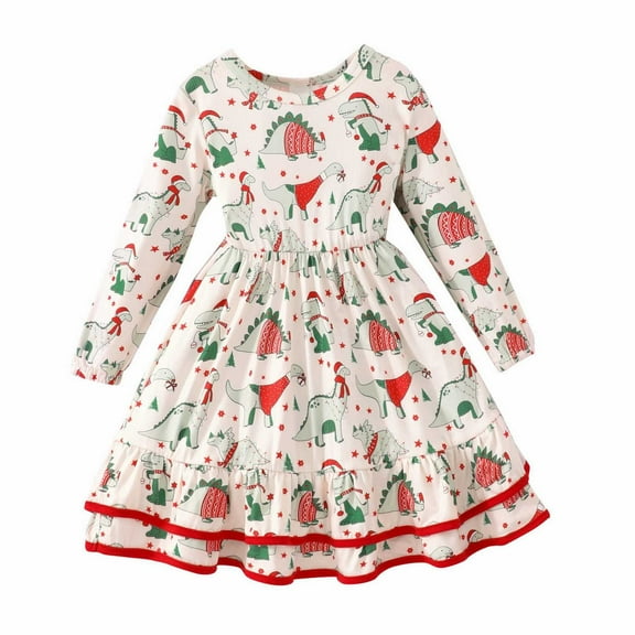 Coerni Girls' Dress Autumn Winter Long Sleeved Round Neck Christmas Printed Cake Dress Christmas A-Line Dress for Girls