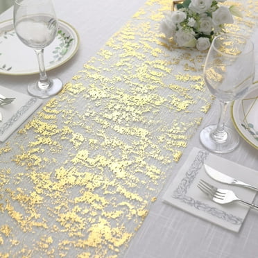 Efavormart 108" Sparkly Metallic Gold Foil Thin Mesh Polyester Table Runner - 25GSM