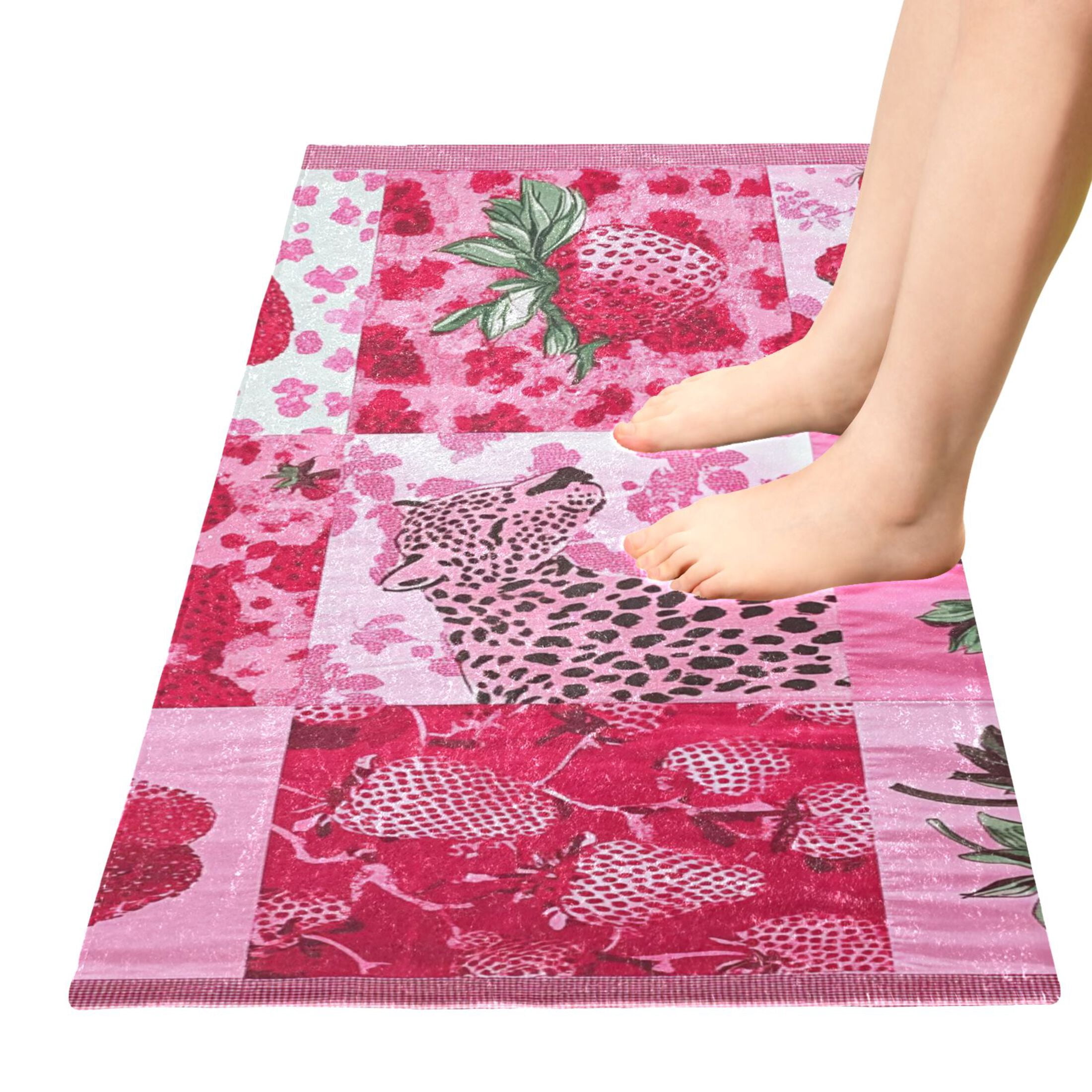 Pink Cheetah Strawberries Bathroom Rug 39x20 Non Slip Quick Dry Washable Bathroom Mats for Bedroom Living Room Kitchen