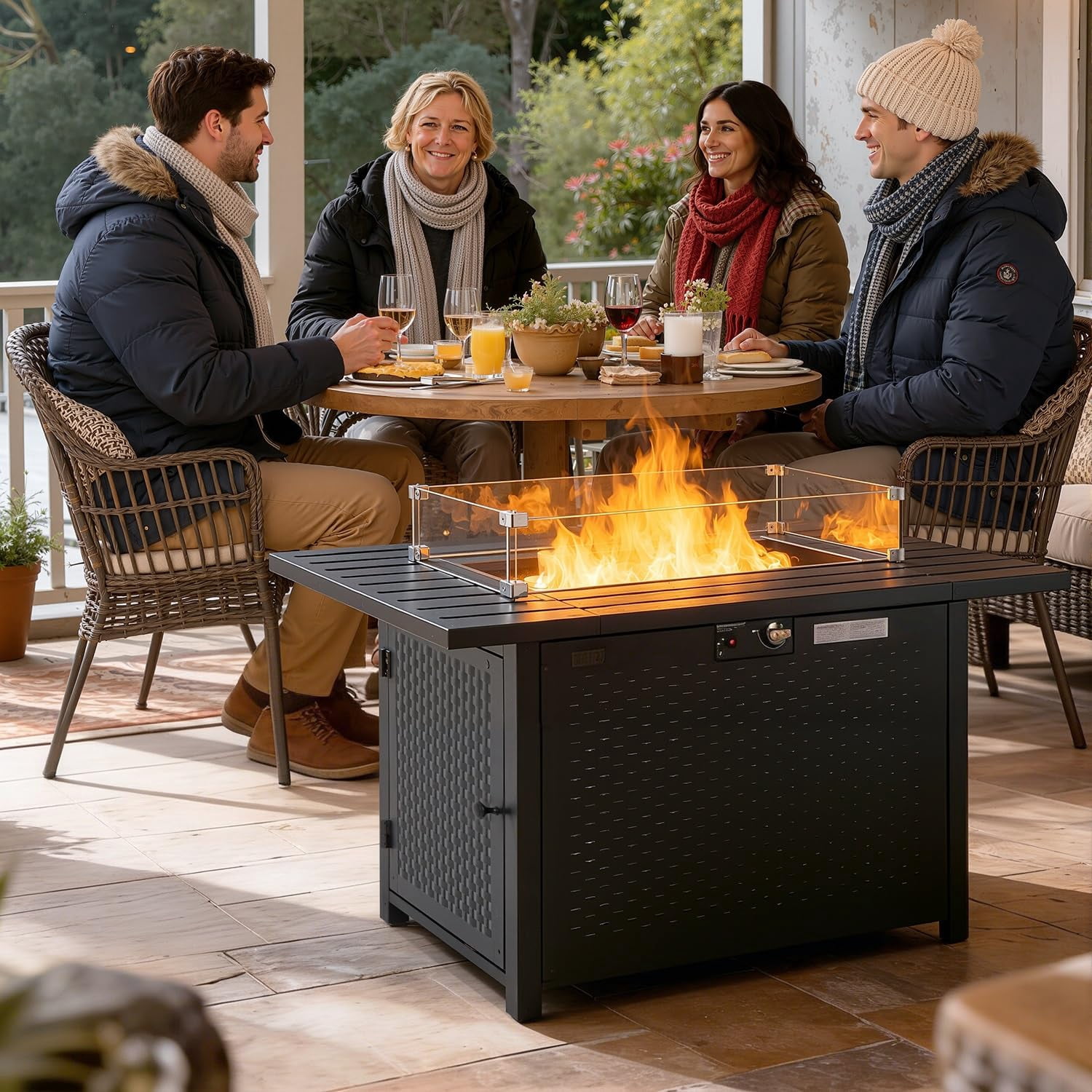 NiamVelo 43" Propane Gas Fire Pit Table, 50,000 BTU Rectangular Fire Pit with Glass Wind Guard for Outside Patio Deck Garden Backyard , Black