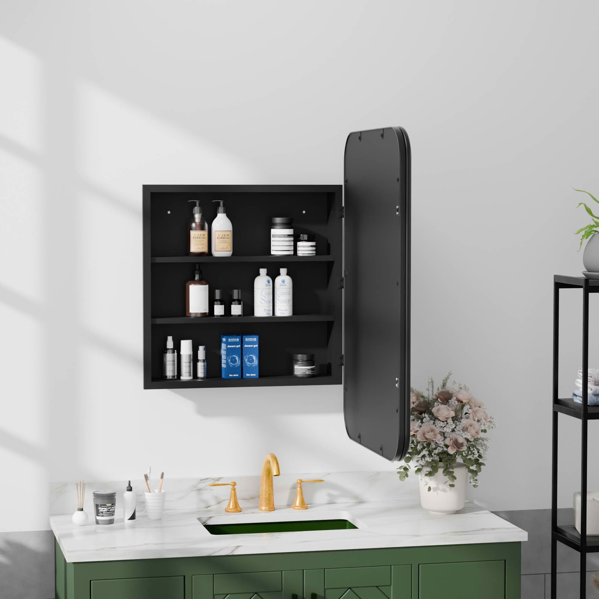MAYEERTY 30x20x5 Inch Black Metal Round Corner Rectangular Medicine Cabinet for Bathroom