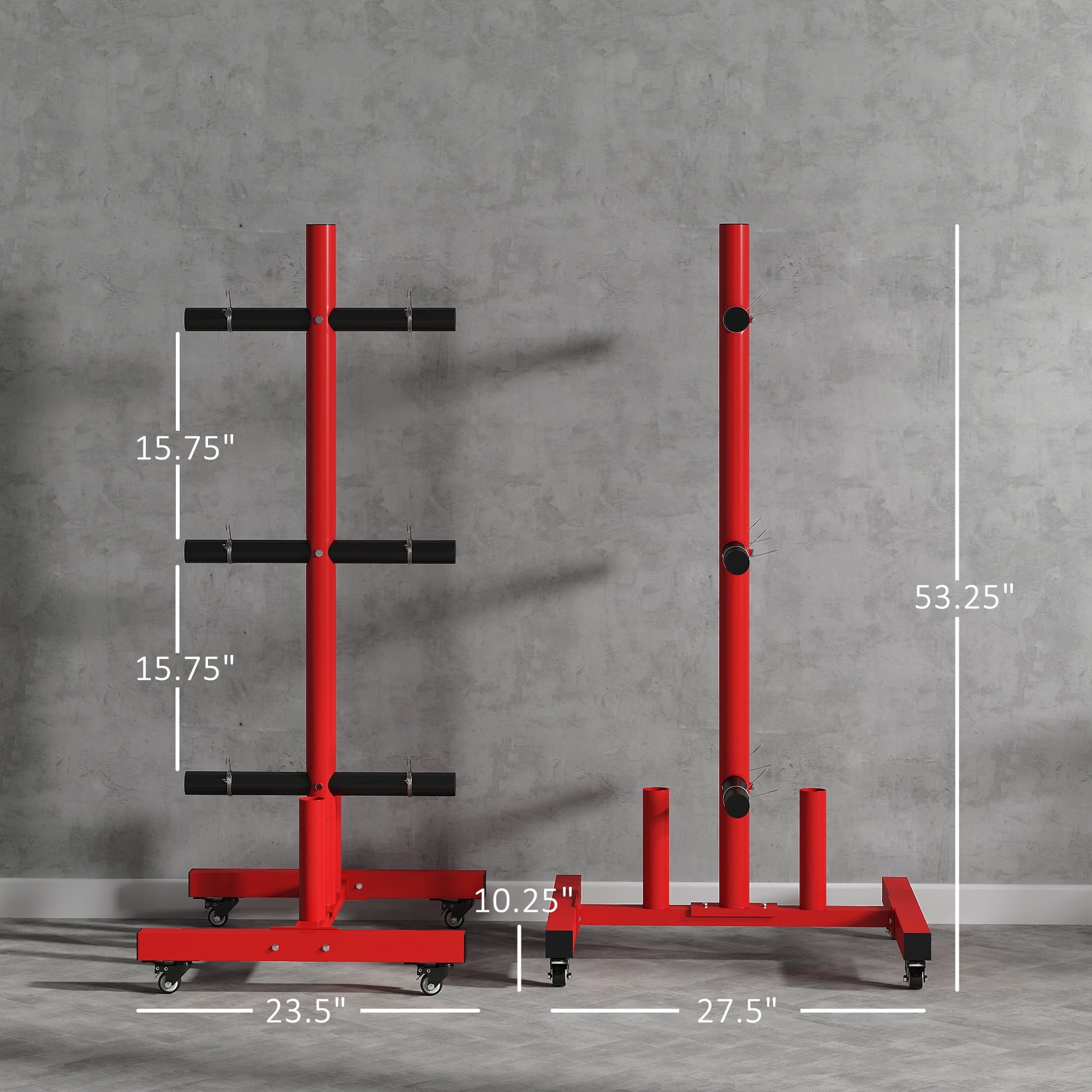 Soozier Olympic Weight Plate Rack for 2 Bars and 2 In. Plates, Barbell Storage Stand with Transport Wheels and Fasteners, 440 lbs. Capacity, Red