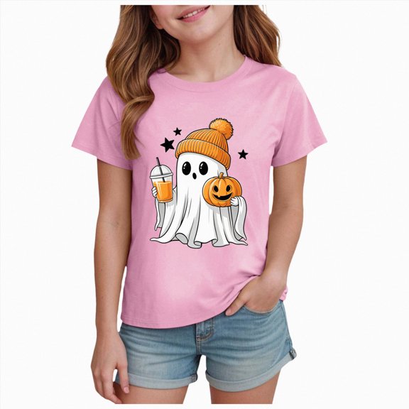 CAICJ98 Halloween Shirts Boys Girls Cute Fall Pumpkin T Shirt Kids Ghost Holiday Boo Short Seleve Tee Tops Toddler Halloween Shirt (Pink,13-14 Years)