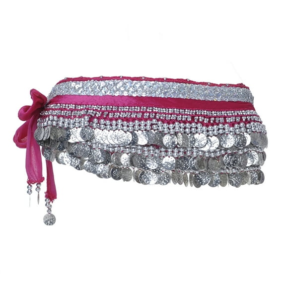 BellyLady Belly Dance Hip Scarf, Multi-Row Silver Coin Dance Skirt, Gift Idea-ROSERED