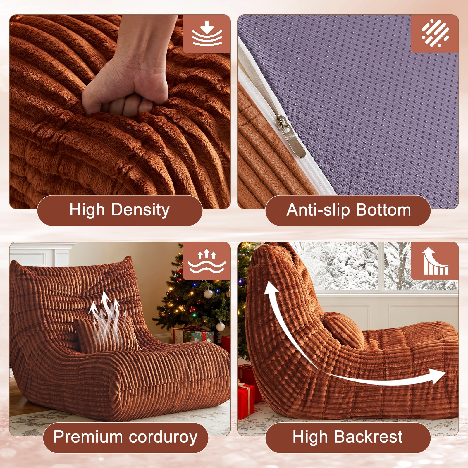 Bean Bag Chair for Adults with Lumbar support pillow Memory Foam Giant Bean Bag Sofa with Corduroy Material Lazy Sofa for Living Room Bedroom Dorm Office, Orange