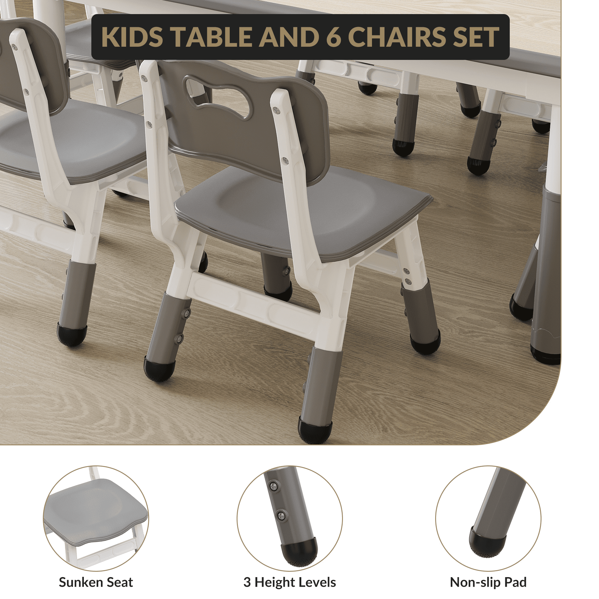 Kids Table and 6 Chair Set with Storage Box, Height Adjustable Toddler Table and Chairs Set for Ages 2-10, Graffiti Desktop, Non-Slip Legs, Children Activity Table for Daycare Classroom Home