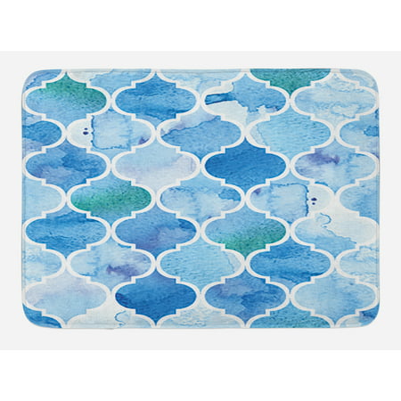 Watercolor Bath Mat, Abstract Moroccan Trellis Geometric Pattern Curves Persian Mosaic Design, Non-Slip Plush Mat Bathroom Kitchen Laundry Room Decor, 29.5 X 17.5 Inches, Blue Baby Blue,